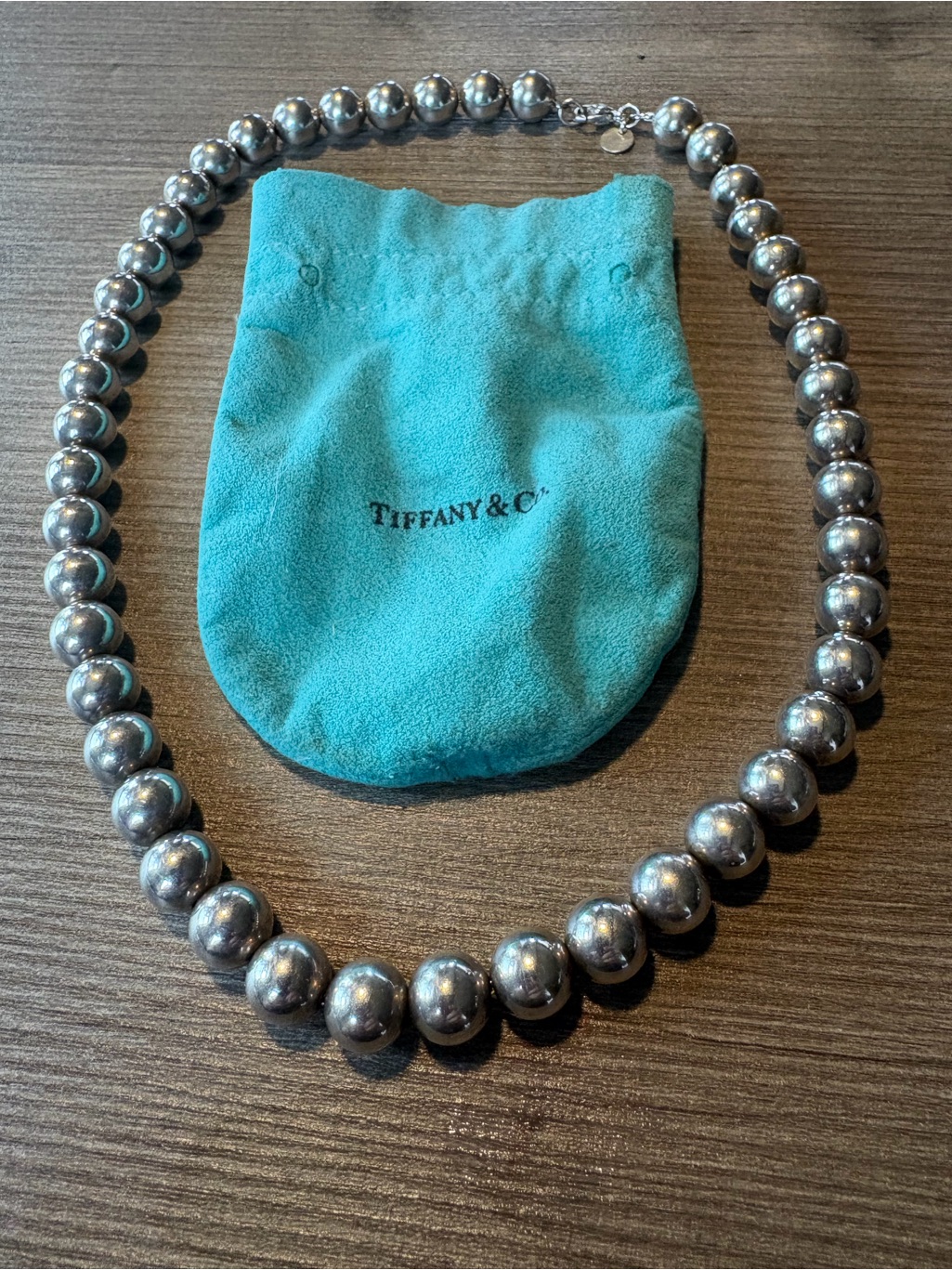 Tiffany & Co. Sterling Silver Bead Necklace With Blue Pouch